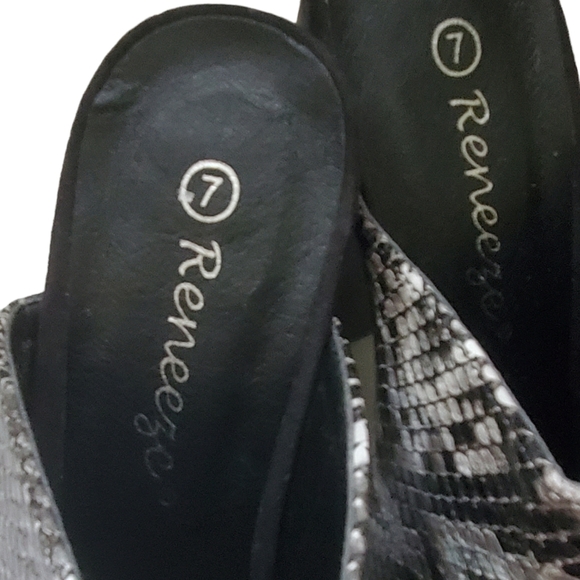 Reneeze Black, Gray and White Snake lookopen toe heels. Black Suede like trim. - Picture 6 of 7